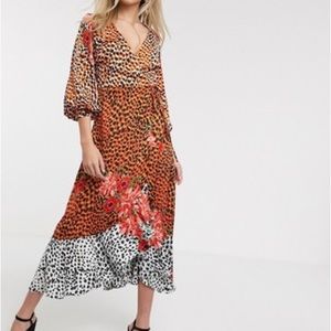 Liquorish wrap front satin midaxi dress in animal floral